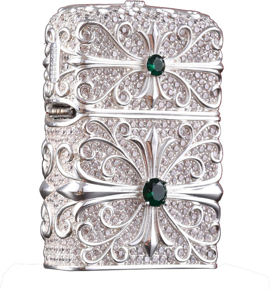 Diamond-Encrusted Lighter Case with Compass Design, Custom Artistic Artwork, Premium Metal Construction, Perfect for Collectors and Luxury Smoking Accessories (SZH-255-silver)